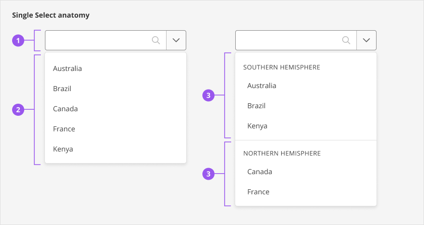 The anatomy of the single-select component that shows the input field, the dropdown with a list of options, and the dropdown with grouped options.