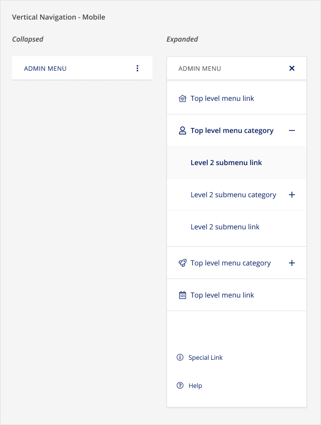 Collapsed and expanded states for the vertical navigation in mobile mode.