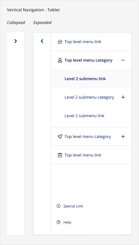 Collapsed and expanded states for the vertical navigation in tablet mode.