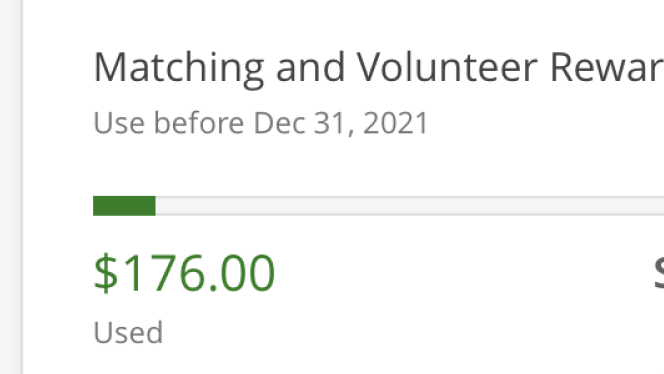 Progress bar showing that $176 of matching and volunteer rewards has been used